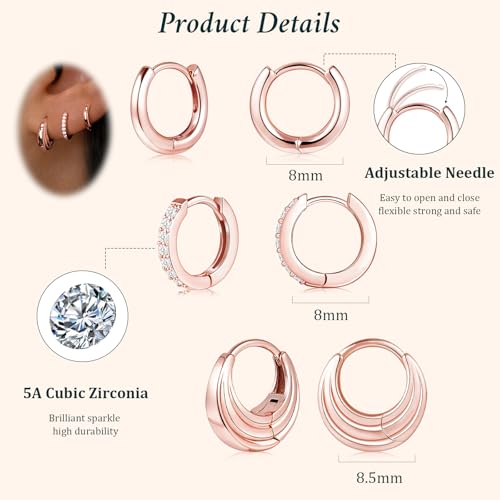 Poxtex Small Sterling Silver Huggie Hoop Earrings Set for Women, Hypoallergenic 14K Gold Plated Hoops Stacks for Multiple Piercings, Dainty Cute Mini Lightweight Cartilage Studs Trendy Jewelry Gift - color: Rose Gold-moon hoop
