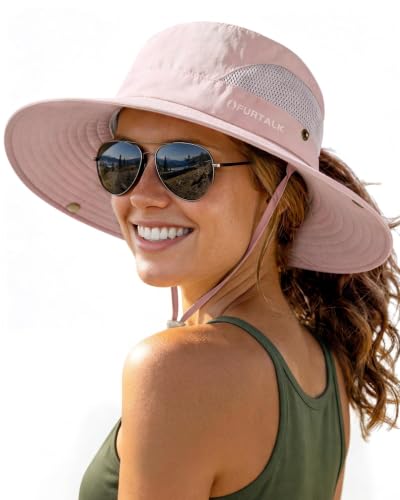 FURTALK Womens Sun Hat with Ponytail Hole Beach Hiking Summer Wide Brim UPF 50+ Outdoor Protection Foldable Bucket Hat - color: Pink