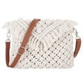Goclothod Women Crochet Fringed Shoulder Bag Cotton Tassel Crossbody Bag Hippie Beach Purse - color: Crochet Cream