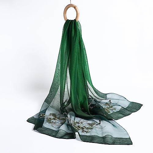 WINCESS YU Women Mulberry Silk Scarf Long & Large Embroidered Floral Pattern Shawl and Wraps Neckerchief for Hair & Neck - color: Gradient Green