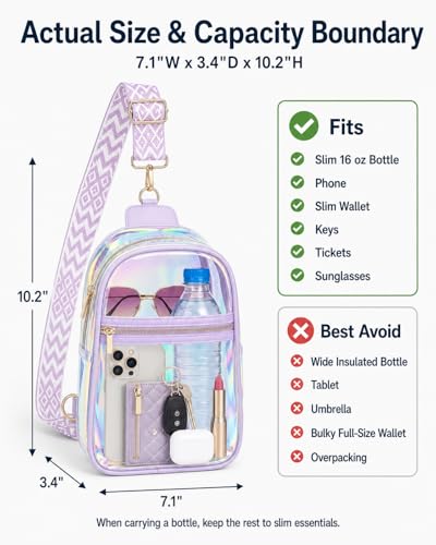 PACKISM Clear Sling Bag Stadium Approved - Clear Bag for Stadium Events & Holographic Bag for Music Festivals Jacquard Strap - color: Purple