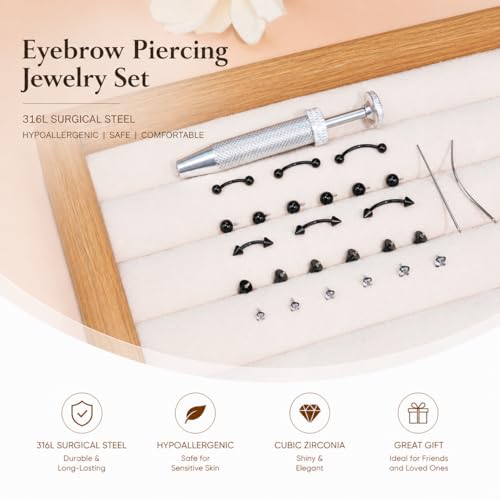 Eyebrow Piercing Jewelry Set with Tool, Surgical Steel Curved Barbell Kit with CZ, Spike & Ball Replacement Ends, Internal Thread 6mm/8mm/10mm Rook Daith Lip Rings for Women Men - color: 14G Black