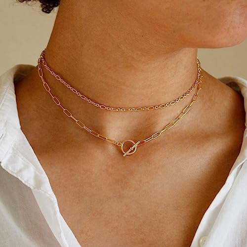 CHESKY Layered Necklaces for Women, 14K Gold Plated Chain Necklace Women Trendy Cuban Link Paperclip Chain Toggle Clasp Necklace Fashion Chunky Jewelry for Women - style: Paperclip Figaro-GD