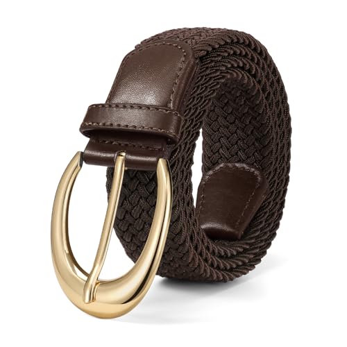 LEACOOLKEY Stretchy Braided Golf Belt for Women Elastic Woven Belts Unisex Elastic Fabric Belt for Jeans Pants - color: Coffee/Gold Buckle, size: Fit waist size below 27"