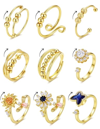 sailimue Anxiety Ring Fidget Ring for Women Men Spinner Fidget Rings for Anti Anxiety Adjustable Open CZ Flower Bead Stress Relieving Spinning Rotatable Rings 9 Pcs - color: Gold