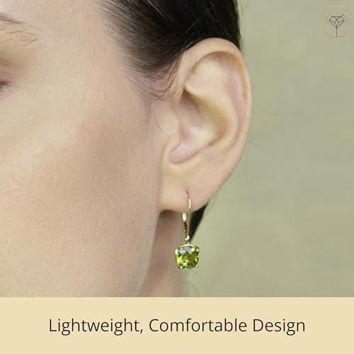 14k White or Yellow Gold Cushion Cut Gemstone Dangle Earrings for Women with 8mm Birthstones by MAX + STONE - color: Peridot