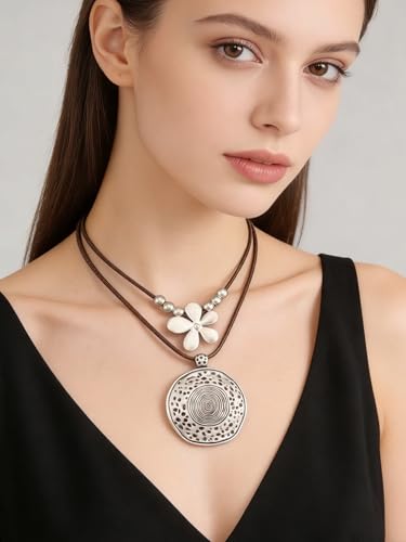 GelConnie Boho Necklaces for Women Cowgirl Necklace Stone Leather Cord Pendant Necklaces With Beads Long vintage Layered Choker Necklace - style: Flower Silver Necklace