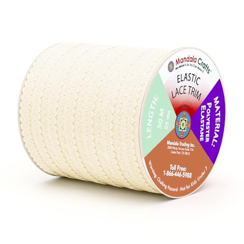 Mandala Crafts Ivory Stretch Lace Soft Elastic Trim Roll - 55 Yards 1 Inch Wide Stretchy Frilly Picot Ribbon for Sewing Lingerie, Headbands, Underwear, and Crafts - color: Ivory