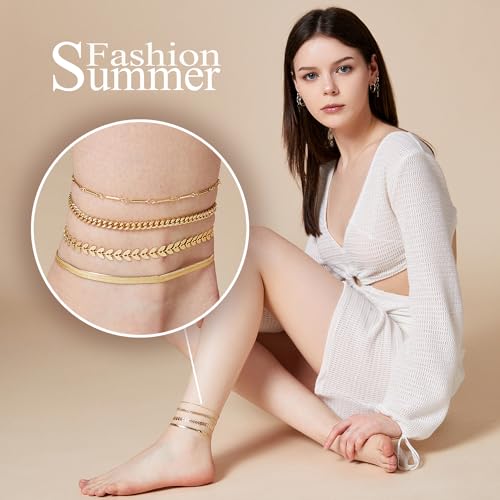 HAXIYA Waterproof Gold Anklets for Mom, Mothers Day Gifts Mama Dainty 18K Gold Plated Anklets Layered Cuban Link Chain Herringbone Cute Anklets Set Summer Beach Jewelry Gift for Women