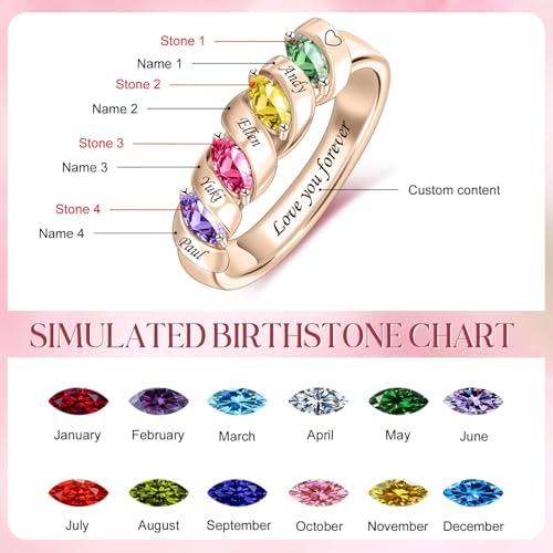 MissNaNa Mothers Ring With 1/2/3/4/5/6 Birthstones Personalized Engraved Name Rings for Women Stacking Birthstone Ring for Mom Grandma Daughter Wife Birthday Christmas Gift - color: 5 Stones