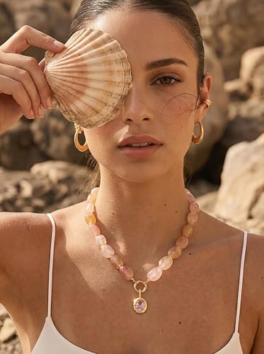 Multicolor Irregular Beaded Necklace for Women Chunky Resin Oval Bead Choker with Cubic Zirconia Pendant Summer Beach Mothers Day Gifts - color: XL23350C
