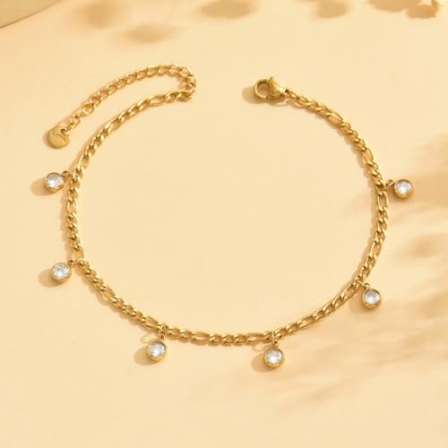 Gold Ankle Bracelets for Women 18K Gold Plated Waterproof Starfish Sea Shell Pearls CZ Diamond Dangle Anklets Trendy Summer Beach Foot Chain Jewelry Gift - style: 6 CZ Drop-Gold