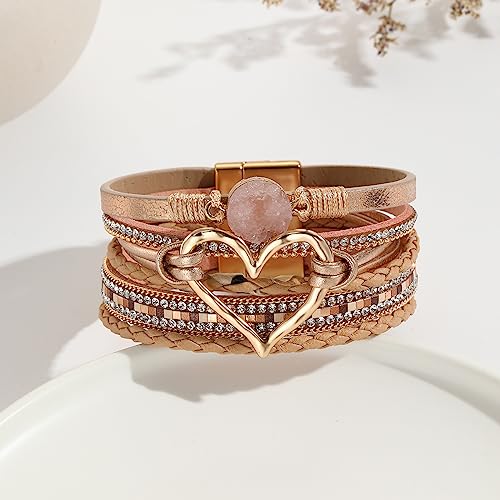 Womens Multi Layer Heart Leather Wrap Bracelet Boho Stackable Cuff Bangle Magnetic Clasp Crystal Birthday Valentine Gift - color: Rose-gold
