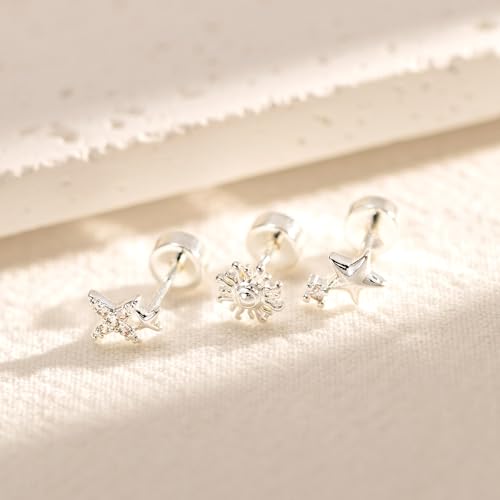 3 Pair Tiny Flat Back Earrings for Women - 14K Gold/White Gold Plated Dainty Cute Small Screw Flatback Stud Earring, Everyday Wear Gift - color: Star&Sun Flat-5/6/7mm Silver