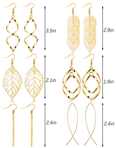 FUNEIA 6 Pairs Drop Dangle Earrings for Women Long Bar Double Twist Wave Curved Threader Cut Out Leaf Lightweight Earrings Set - color: B:Gold