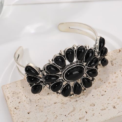 Vintage Ethnic Bohemia Turquoise Flower Colorful Stone Engraved Chunky Wrap Bangle Bracelet Retro Boho Cowgirl Western Statement Wide Open Cuff Punk Jewelry for Women - color: black