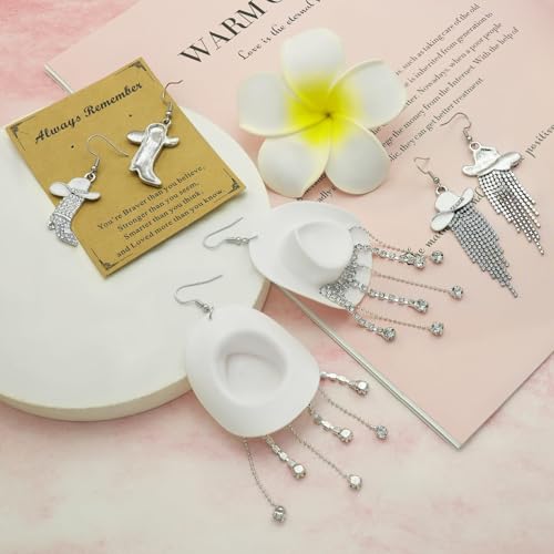 RechicGu 3 Pairs Western Cowgirl Cowboy Hat Earrings Set Silver Symmetric Boots Sparkly Rhinestone Tassels Drop Dangle Rural Culture Earrings Set For Women - color: Silver Boots,White Hat