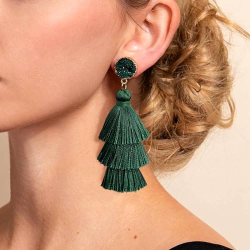 Me&Hz Colorful Layered Tassel Earrings Bohemian Statement Tiered Tassel Big Dangle Drop Earrings for Women Druzy Studs Valentine’s Day Gift - color: Deep Green