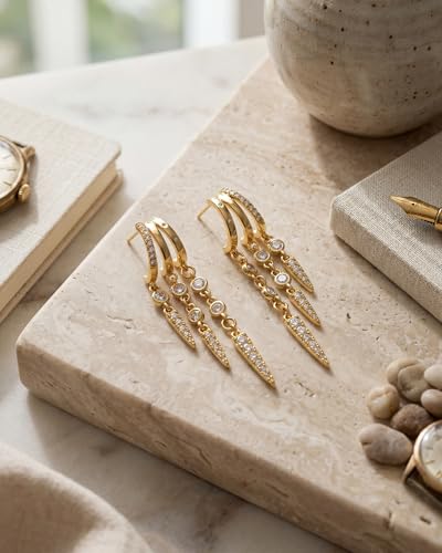 MUMREUES Gold Earrings for Women Trendy 14K Gold Plated Dangle Earrings Small Hoop Huggie Drop Stud Earrings Cubic Zirconia Simple Minimalist Dainty Chain Tassel Hypoallergenic Earrings - color: Tassel & Gold