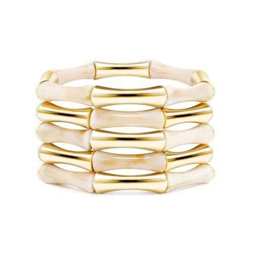 Gold Tube Bangle Bracelets for Women Stackable Bamboo Chunky Acrylic Beads Stretch Friendship Summer Beach Bracelet Jewelry - color: Beige