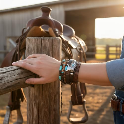 Western Outfit for Women Bohemian Vintage Stackable Turquoise Bracelet Rustic Beaded Cow Head Charm Stretch Bracelet Western Jewelry Country Concert Outfits for Women - style: Style6