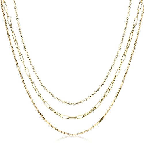 Amicon Dainty Layered Necklaces for Women Trendy Layered 14K Gold Plated Necklace Paperclip Box Chain Layered Necklace Set Jewelry Gifts for Women
