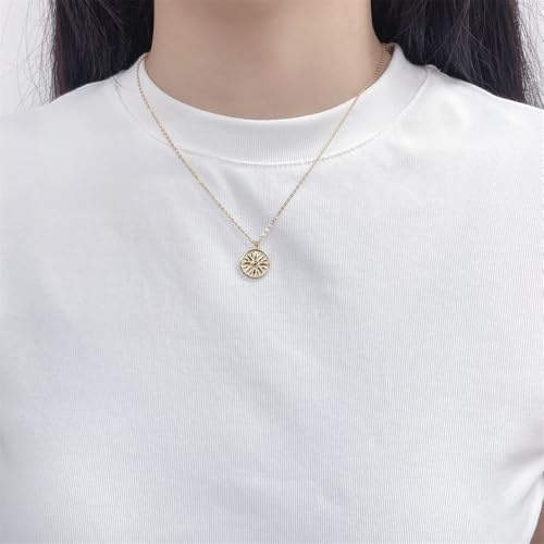 NewZenro Vintage Sun Embossed Round Disc Pendant Necklace for Women Dainty Minimalist S925 Sterling Silver 18K Gold Plated Link Choker Necklaces Adjustable Chain Fashion Trendy Jewelry for Her Bff - color: Gold