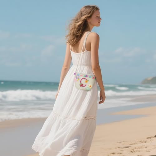 Letter Small Woven Straw Summer Beach Tote Bag for Women 2025,Woven Straw Beach Purse Shoulder Crossbody Bag for Women 2025 - color: White C