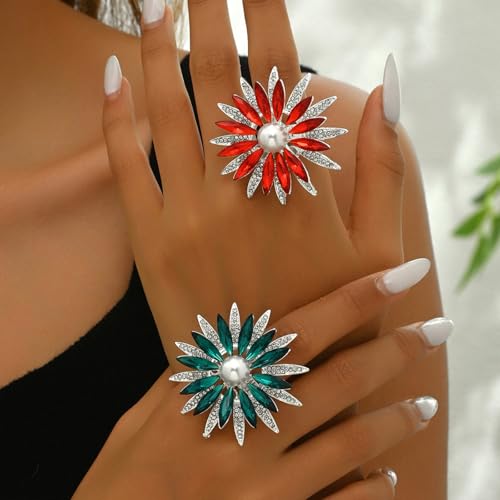 Vintage Rhine Sunflower Ring,Colorful Large Flower Rings Crystal Sunflower Finger Joint Opening Rings Wedding Party Ball Jewelry Accessories for Women - color: Red