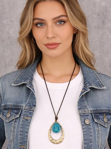 GelConnie Leather Necklace for Women Round Wooden Pendant Long Leather Choker Vintage Sweater Necklace Gold Chunky Boho Necklaces for Women - style: Blue Stone Leather Necklace