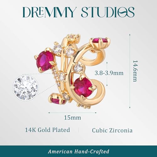 DREMMY STUDIOS Women Ear Cuff Non Piercing | 14K Gold Plated Cubic Zirconia Fake Earrings Wrap Clip on Cartilage Earring | Lightweight Hypoallergenic Jewelry SINGLE EAR CUFF - style: Red Flower