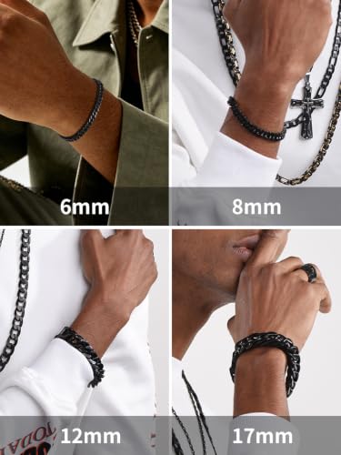 ChainsHouse Stainless Steel Cuban Link Bracelet, 8mm/12mm/17mm Width, 7.5"/8.3"/9", 18K Gold Plated Chain Wrist Bracelets for Men Women, Send Gift Box - color: H: Black-6mm width