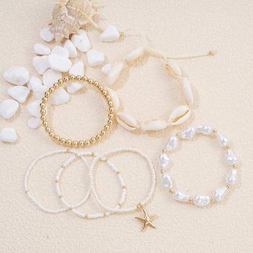 Shell Bracelet Seashell Boho Beaded Stretch Bracelets for Women Summer Beach Bracelets Starfish Charm Bracelet Stackable Gold Plated Bracelets Set for Women - color: a-shell bracelet