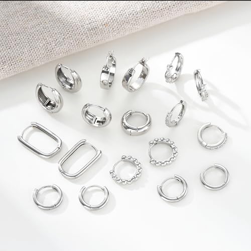 9 Pairs Small Gold/Silver Hoop Huggie Earrings Set for Women, 14K Gold Plated Chunky Hoop Small Earring Hypoallergenic Thick Open Lightweight Chunky Hoop Earrings Jewelry for Gifts - color: silver-standard