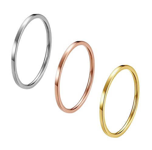 3pcs 1mm Stainless Steel Plain Band Knuckle Stacking Midi Rings for Women Comfort Fit - color: 3pcs Silver+Rose+Gold (Flat)