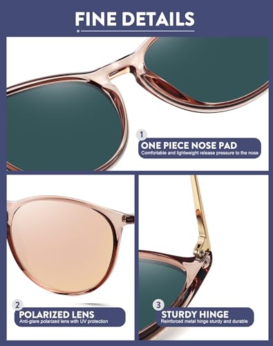 WOWSUN Retro Polarized Sunglasses Womens Trendy Round Classic Glasses - color: 3 Pack: Black+champagne Lens+clear Frame Pink Lens