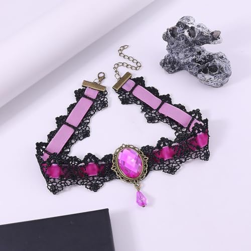 Gothic Vampire Choker Necklace for Women Adjustable Vintage Victorian Mystery Pirate Witchy Jewelry Emo Punk Black Lace Choker Costume - color: hot pink