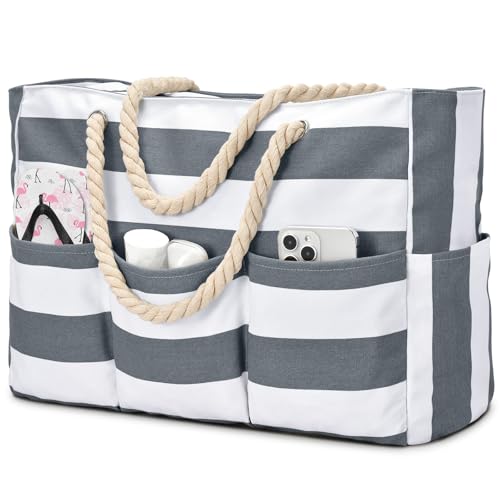 Becokan Beach Bags for Women Canvas Large Beach Tote Bag Zipper Waterproof Sandproof Foldable Swim Pool Bag with 7 Pockets - color: Dark Grey