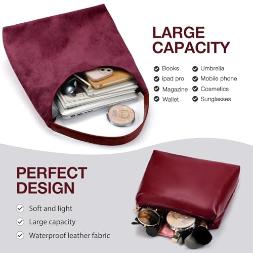 2-Piece Vegan Leather Purse Set for Women: Slouchy Hobo Shoulder Bag & Suede Tote Bag - color: Red