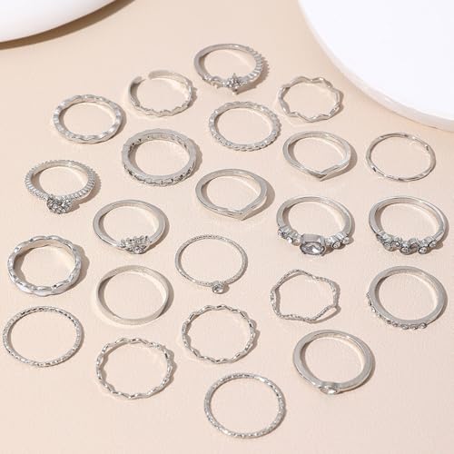 Gold Rings for Women Non Tarnish Stackable Rhinestone Moon Star Rings Dainty Stacking Pearl Butterfly Midi Pinky Thumb Joint Finger Knuckle Ring Set Gold Non Tarnish Jewelry Gifts Trendy Stuff - color: H Silver Stackable Rings 23Pcs