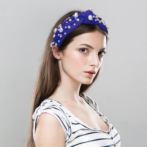 WantGor Pearl Knotted Headband, Women Rhinestone Embellished Hairband Elegant Wide Top Knot Bride Headbands Headpieces Party Fashion Elegant Ladies Hair Band Hair Hoop Accessories (Blue) - color: Blue