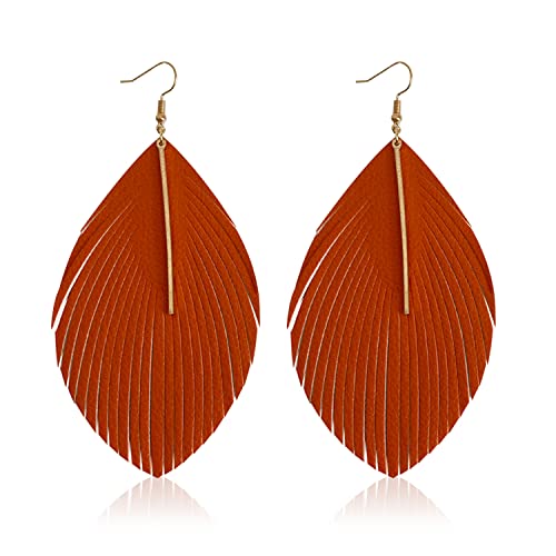 Minimalist Handmade Lightweight Large Soft Faux Leather Fringe Feather Dangle Drop Earrings Bohemian Huge Leaf Hook Earrings with Bar for Women - color: Orange