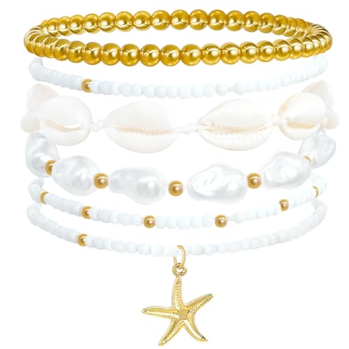 Beach Bracelets for Women Bohemian Stackable Heishi Surfer Bracelet Set Elastic Seashell Starfish Boho Friendship Bracelets for Summer Beach Party Holiday Vacation Jewelry - color: 7PCS-Gold Starfish/Big Pearl