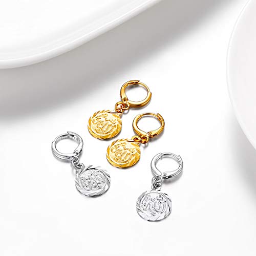 U7 Allah Necklace for Women/Men, 18K Gold Plated Square/Oval/Coin/Heart/Crescent Moon Islamic Pendant Necklace Muslim Jewelry with Chain - color: 06.Coin Earrings Platinum
