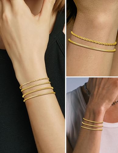 6Pcs Stainless Steel Chain Bracelets for Men Women 2mm Cuban Snake Twists Rope Box Beads Paperclip Link Chain Bracelet Sets Jewelry Gifts 7 Inches Length Adjustable - style: B:6 Gold-Chains
