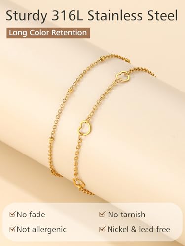 FindChic Black/Silver/Gold Plated Anklets Set of 2PCS/3PCS Herringbone Chain Cuban Link Heart Charm Sparkling Tennis Ankle Bracelets, Waterproof Summer Foot Jewelry for Beach - color: 07. Gold-Layered Heart Charm