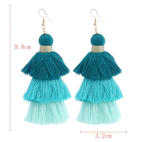 Bohemian Layered Earrings for Women Vintage Three-Layer Ombre Gradient Tassels Earrings Long Statement Tiered Fringe Drop Dangle Earring Elegant Beach Wedding Dangle Earring for Summer Seaside Festivals - color: Green