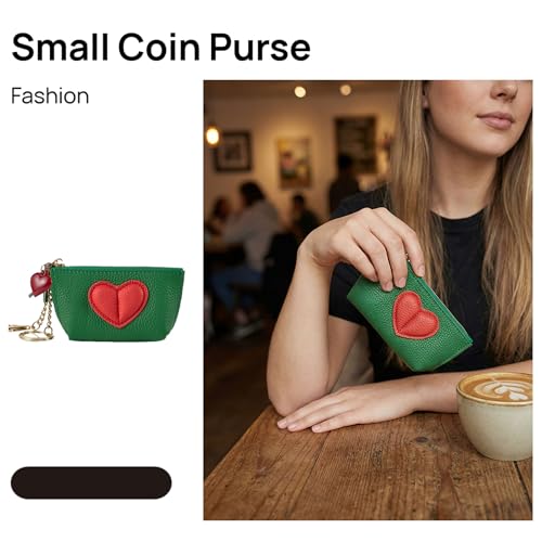 Red Heart Design Small Coin Purse - Cute Compact Keychain Change Purse Soft Leather Wallet with Zipper for Women (Green) - color: Green