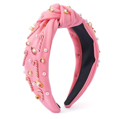 PANTIDE Christmas Jeweled Knotted Headband - Xmas Candy Cane Rhinestone Crystal Pearl Embellished Headband None Slip Wide Top Knot Fashion Hairband Hair Accessories Birthday Gift for Women Girl (Pink) - color: Pink Christmas Candy Cane
