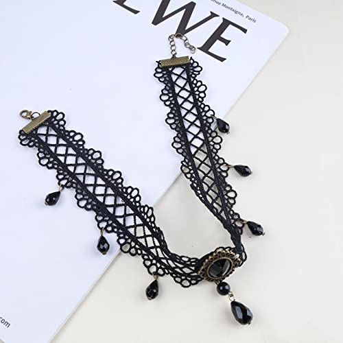Boho Black Crystal Lace Choker Necklace Tassel Black Teardrop Necklace Choker Gothic Droplet Rhinestone Collar Necklace Retro Vintage Necklace Chain Jewelry for Women and Girls(Black A) - color: Black C
